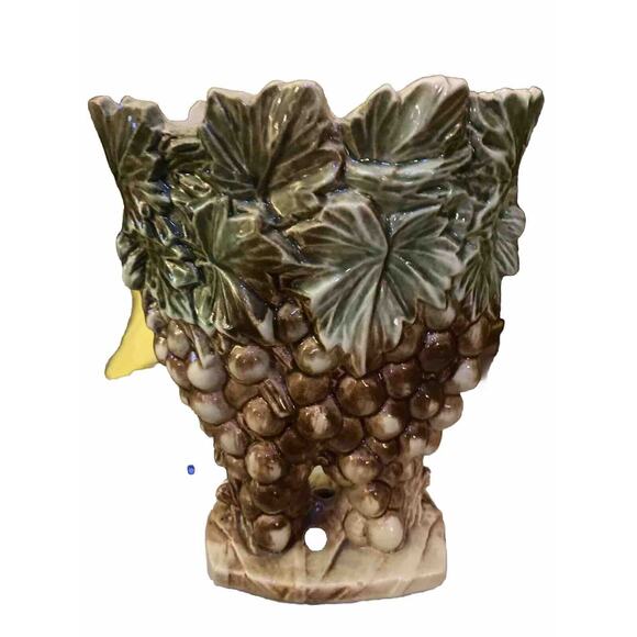 70s McCoy Vase/Pitcher, Grape Pattern Triple Handle Brown Green Retro SET - Picture 4 of 11